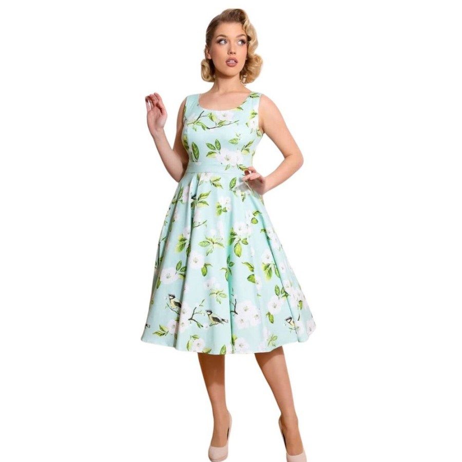 Pretty Kitty Fashion Light Mint Floral Print Sleeveless 50S Summer Swing Dress | Party Dresses