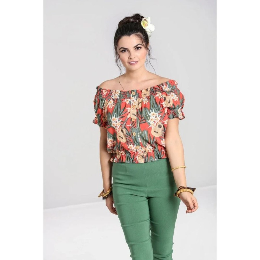 Hell Bunny Burnt Tropical Ukelele Print Off-The-Shoulder Top | Tops