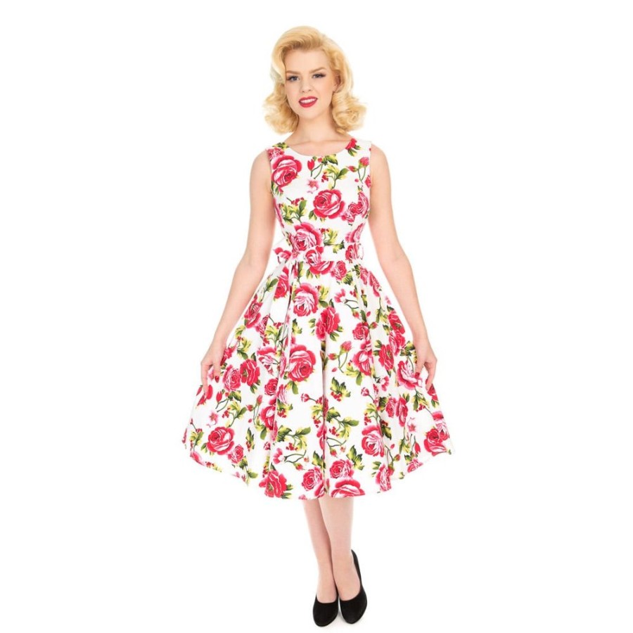 Pretty Kitty Fashion White And Pink Rose Floral Print Audrey 50S Summer Swing Dress | Audrey Dresses