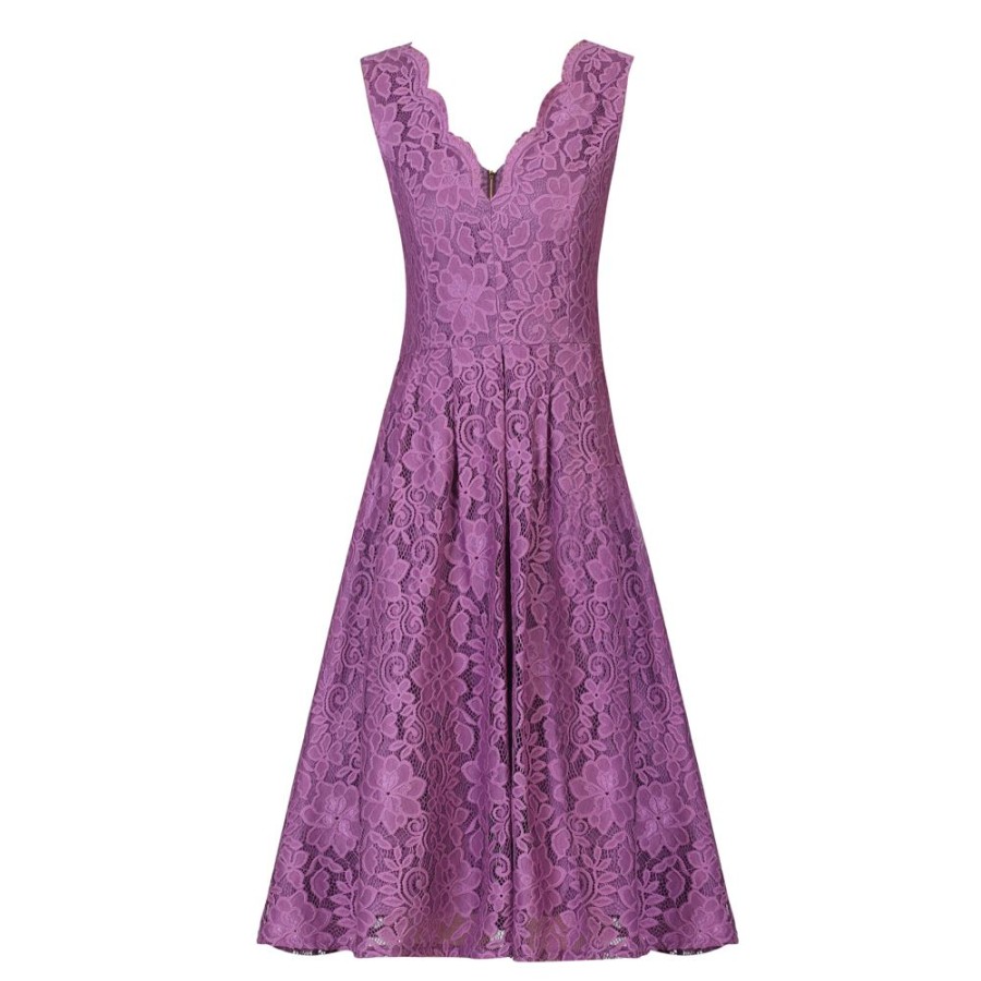 Jolie Moi Jolie Moi Dark Mauve Embroidered Lace Sleeveless V Neck 50S Swi | Cocktail Dresses