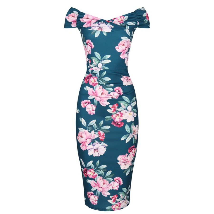 Pretty Kitty Fashion Green & Pink Floral Print Cap Sleeve Bardot Neckline Wiggle Dress | Bardot Dresses