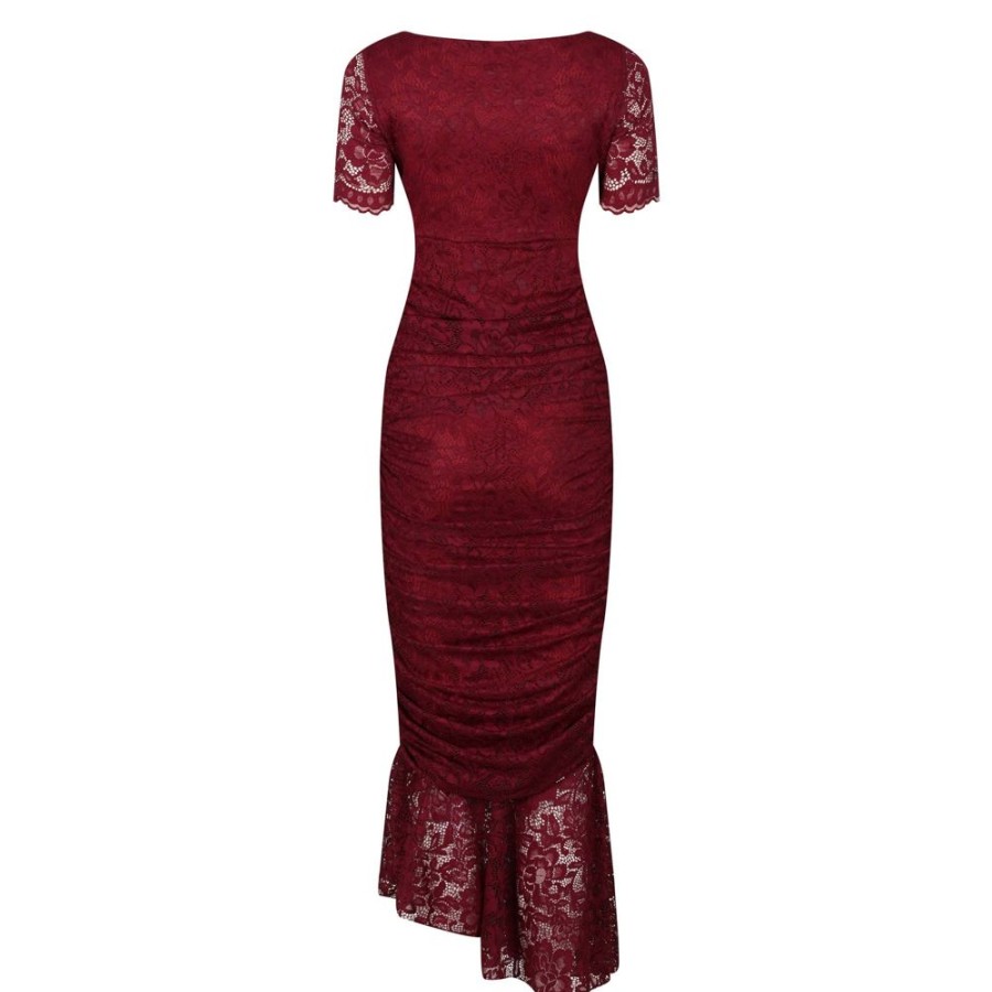 Pretty Kitty Fashion Burgundy Ruched Lace Maxi Dress | Party Dresses