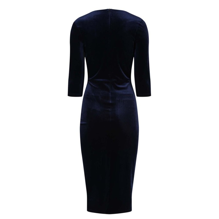 Pretty Kitty Fashion Blue Velour Deep V 3/4 Sleeve Bodycon Ruched Waist Wiggle Dress | Party Dresses