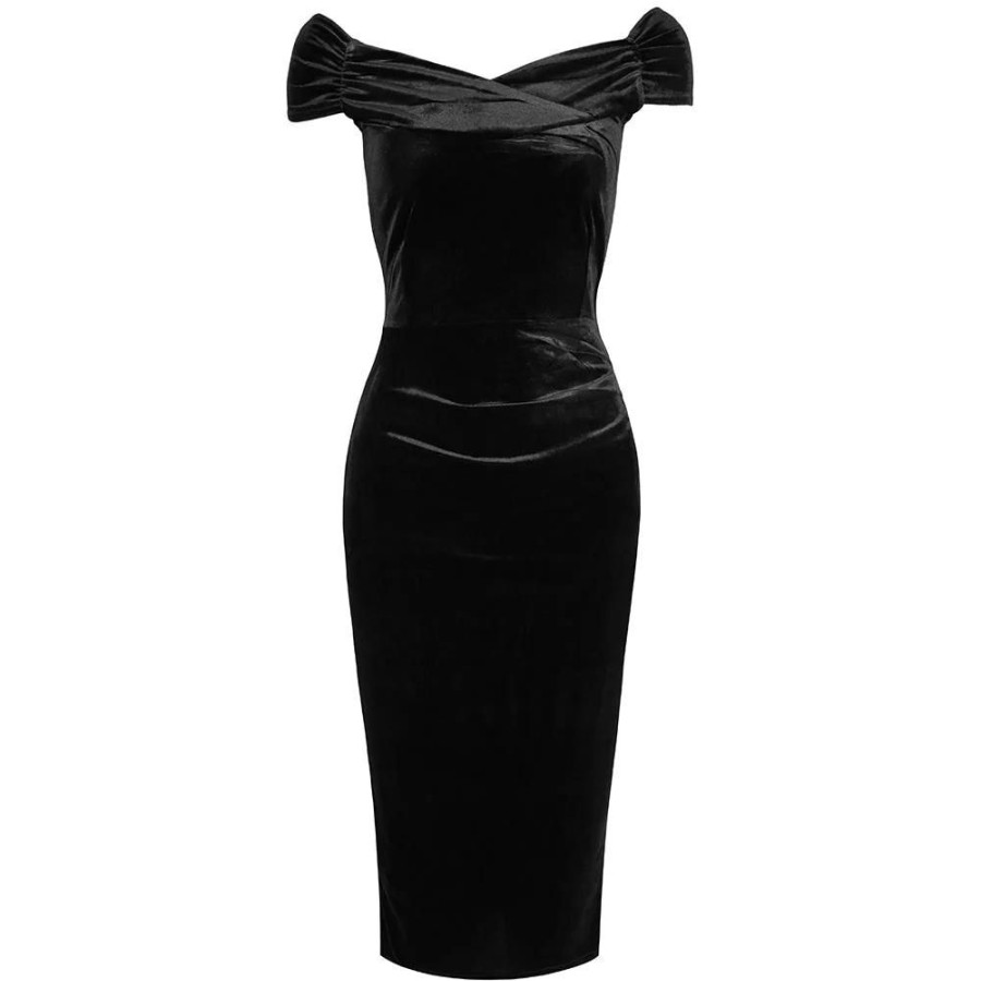 Pretty Kitty Fashion Velour Cap Sleeve Crossover Top Bardot Wiggle Dress | Pencil Dresses