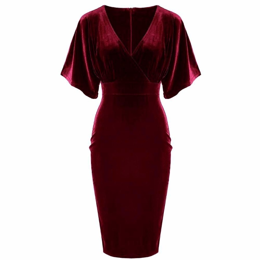 Pretty Kitty Fashion Red Claret Velour Half Batwing Sleeve Crossover Top Wiggle Dress | Pencil Dresses