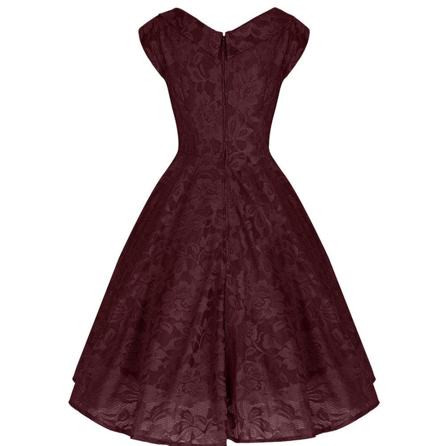 Jolie Moi Jolie Moi Wine Embroide Lace Sweetheart Neck 50S Swing Dress | Party Dresses