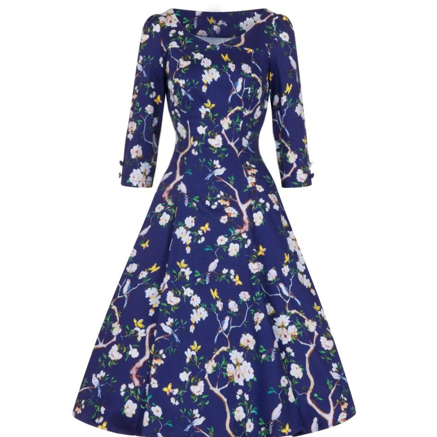 Pretty Kitty Fashion Navy Bird And Floral Print 3/4 Sleeve 50S Swing Dress | 50S Swing Dresses