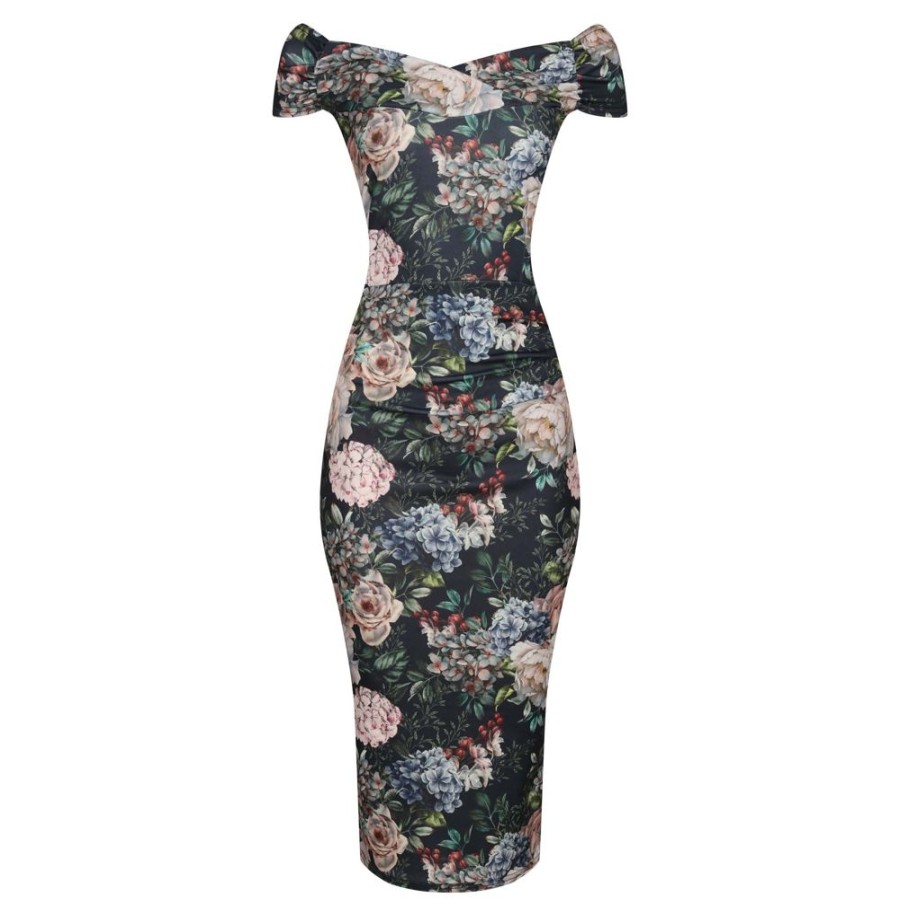 Pretty Kitty Fashion Floral Print Cap Sleeve Crossover Top Bardot Pencil Dress | Bardot Dresses