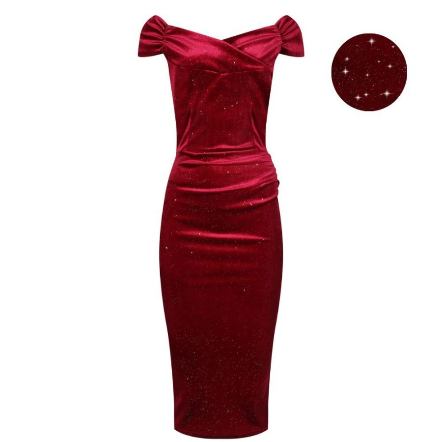 Pretty Kitty Fashion Red Velour Sparkle Cap Sleeve Crossover Top Bardot Wiggle Dress | Wiggle Dresses