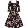 Pretty Kitty Fashion Gold Floral Print 3/4 Sleeve Sweetheart Neck 50S Swing Dress | 50S Swing Dresses