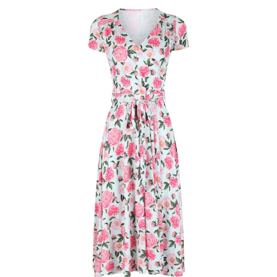 Pretty Kitty Fashion Mint Pink Floral Cap Sleeve Fit And Flare Midi Dress | 50S Swing Dresses