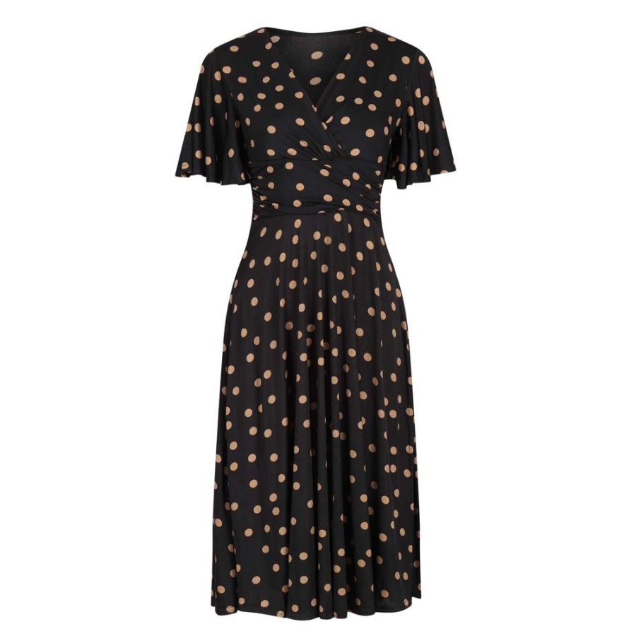 Pretty Kitty Fashion Gold Polka Dot Waterfall Sleeve Wrap Style Swing Dress Hi | 50S Swing Dresses