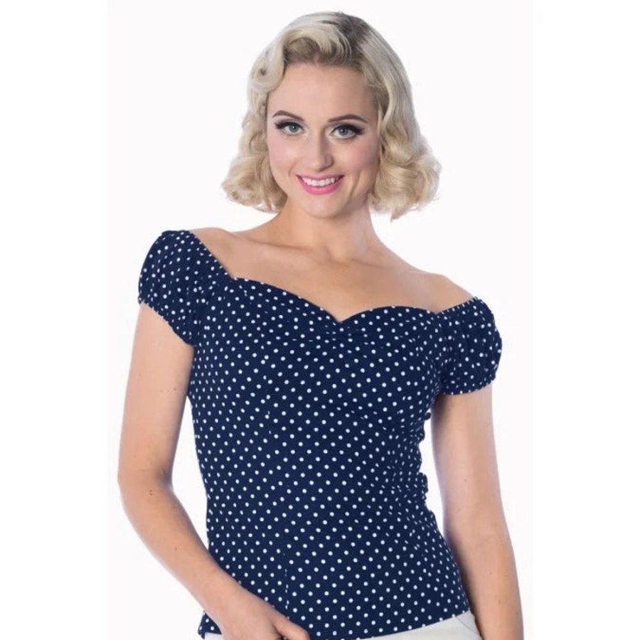 Pretty Kitty Fashion Navy And White Polka Dot Print Gypsy Top | Tops