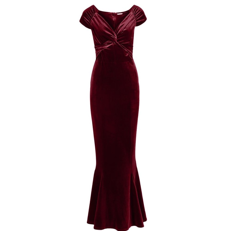 Pretty Kitty Fashion Claret Cap Sleeve Twist Bust Fishtail Hem Velour Maxi Dress | Velour Dresses