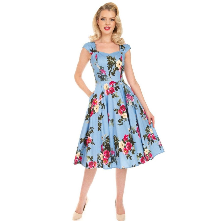 Pretty Kitty Fashion Sky Floral Print Sweetheart Neckline Rockabilly 50S Swing Dress W | Floral Dresses