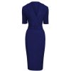 Pretty Kitty Fashion Navy Belted Half Sleeve Collared Wiggle Dress | Pencil Dresses