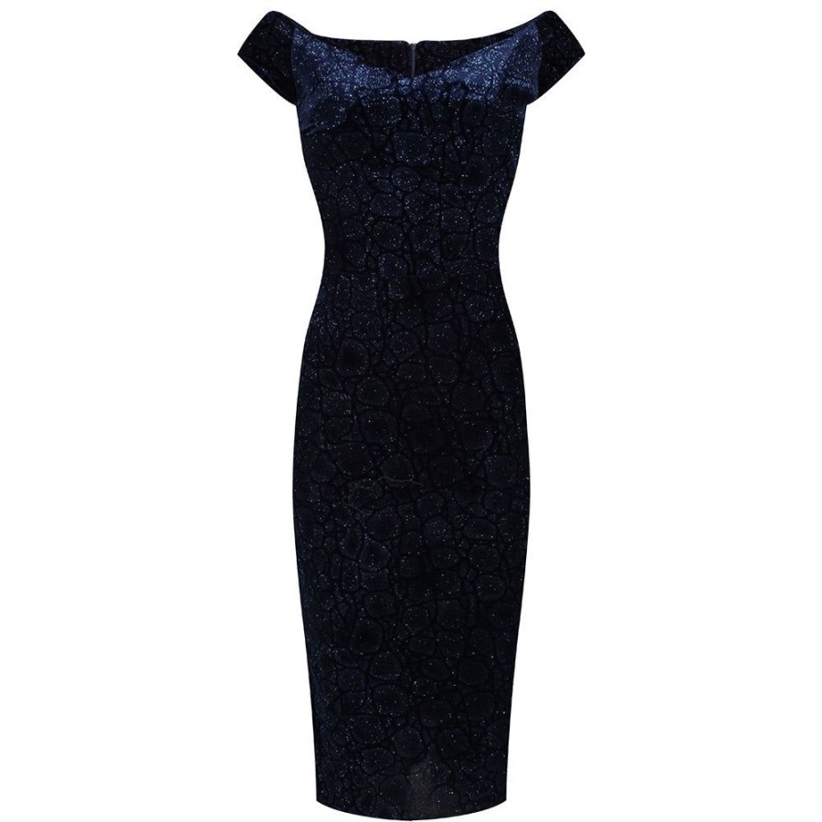 Pretty Kitty Fashion Navy Vintage Animal Print Velvet Capped Sleeve Wiggle Dress | Party Dresses