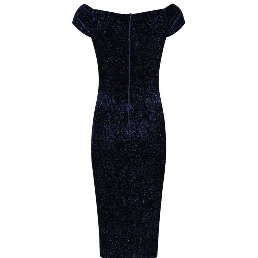 Pretty Kitty Fashion Navy Vintage Animal Print Velvet Capped Sleeve Wiggle Dress | Party Dresses