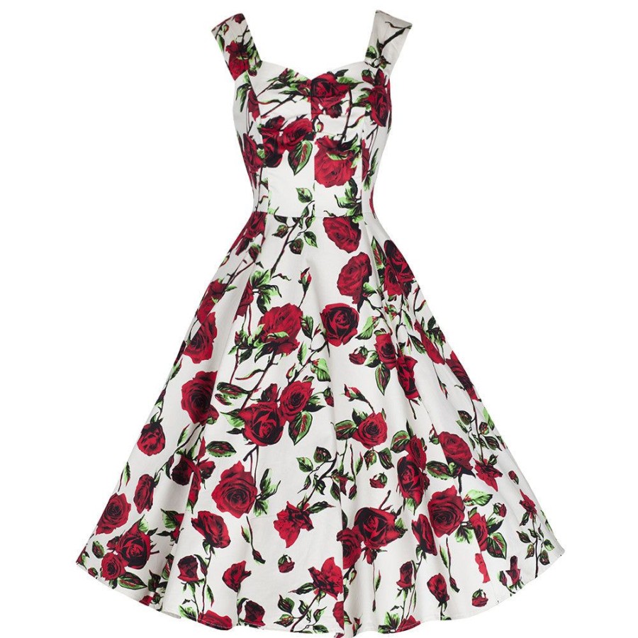 Pretty Kitty Fashion Ivory White And Red Rose Vintage Rockabilly Swing Dress | Prom Dresses