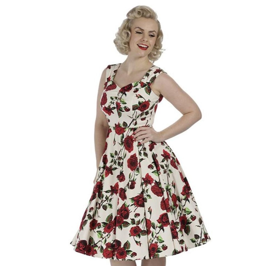 Pretty Kitty Fashion Ivory White And Red Rose Vintage Rockabilly Swing Dress | Prom Dresses