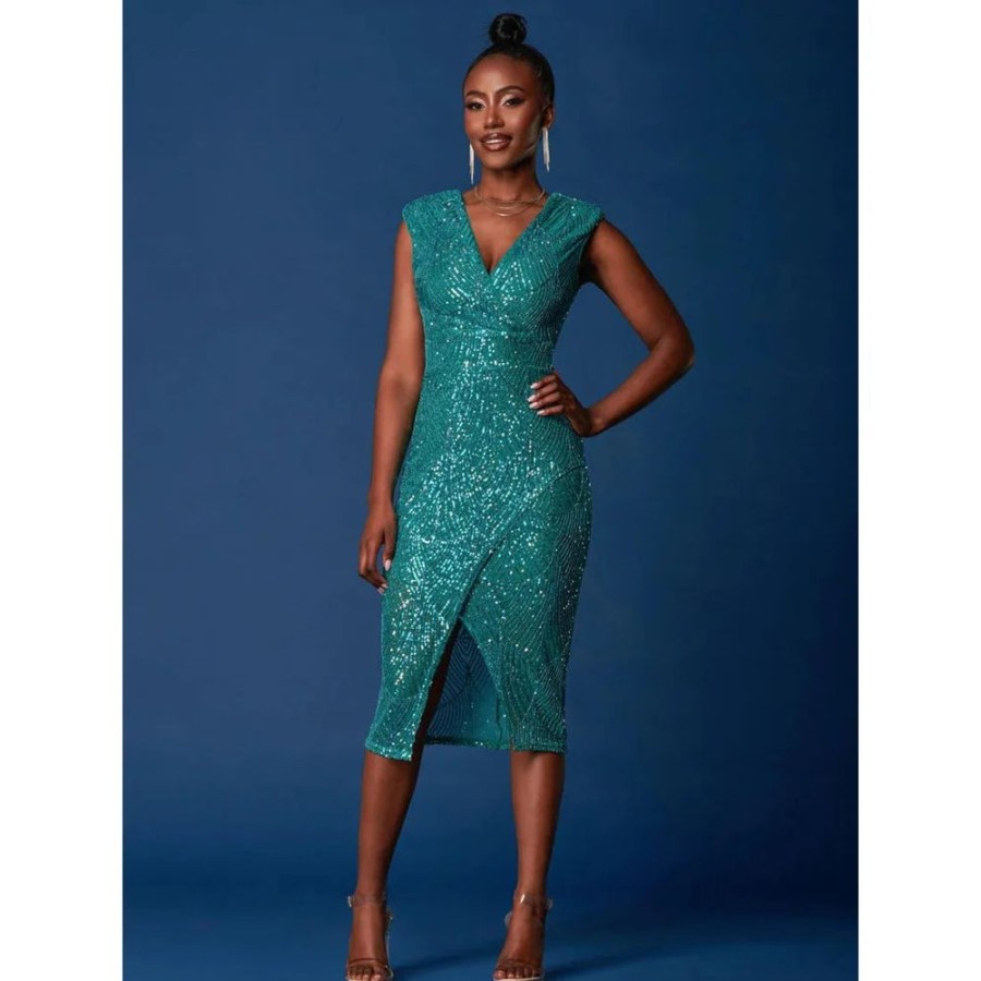 Jolie Moi Jolie Moi Green Sleeveless V Neck Split Skirt Sequin Wiggle Dress | Party Dresses