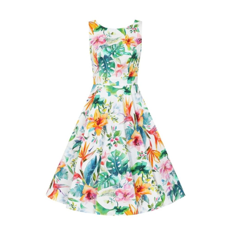 Hearts and Roses Tropical Print White Floral Summer Swing Party Dress | 50S Swing Dresses