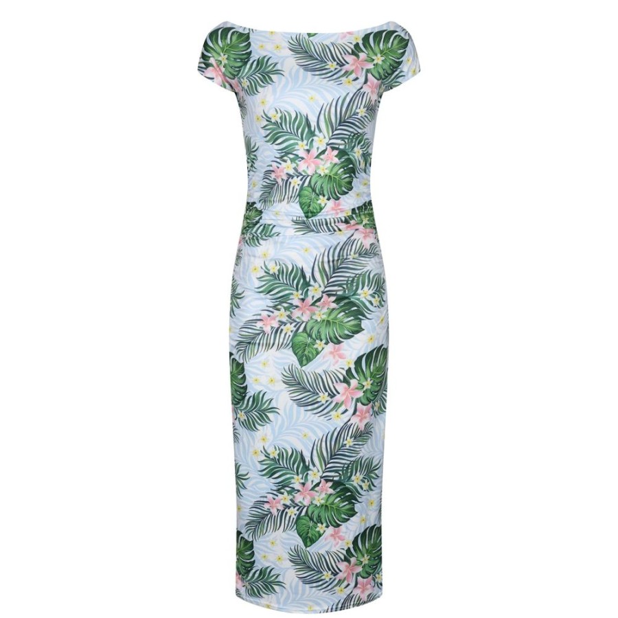 Pretty Kitty Fashion Blue Green Tropical Floral Print 40S Style Cap Sleeve Slinky Pencil Wi | Wiggle Dresses