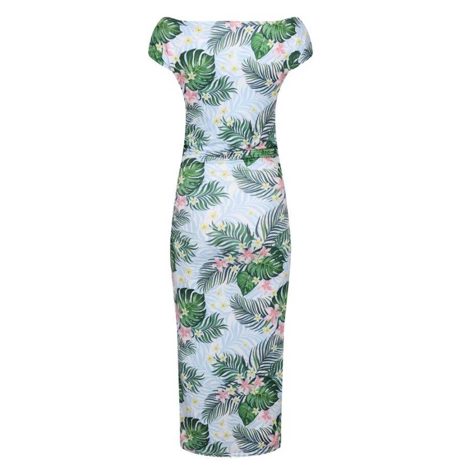 Pretty Kitty Fashion Blue Green Tropical Floral Print 40S Style Cap Sleeve Slinky Pencil Wi | Wiggle Dresses