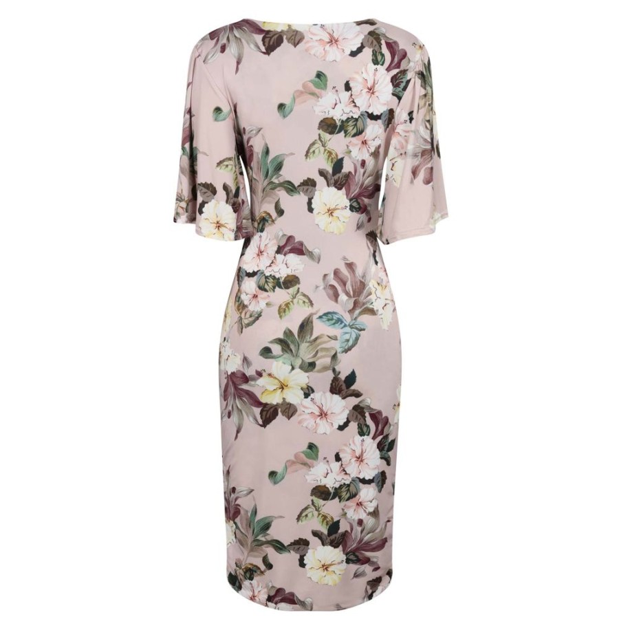 Pretty Kitty Fashion Dusky Floral Print Butterfly Sleeve Slinky Pencil Cocktail Dress | Party Dresses