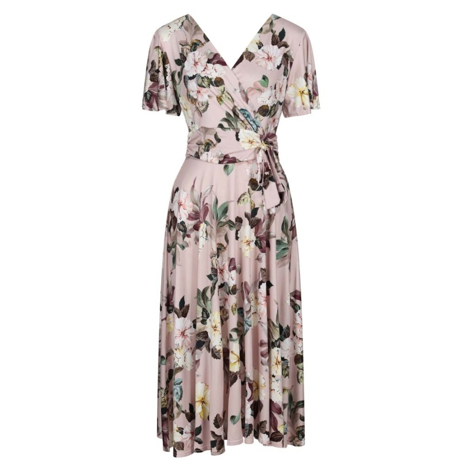 Pretty Kitty Fashion Dusky Floral Print Cap Sleeve V Neck Wrap Top Swing Dress | 50S Swing Dresses