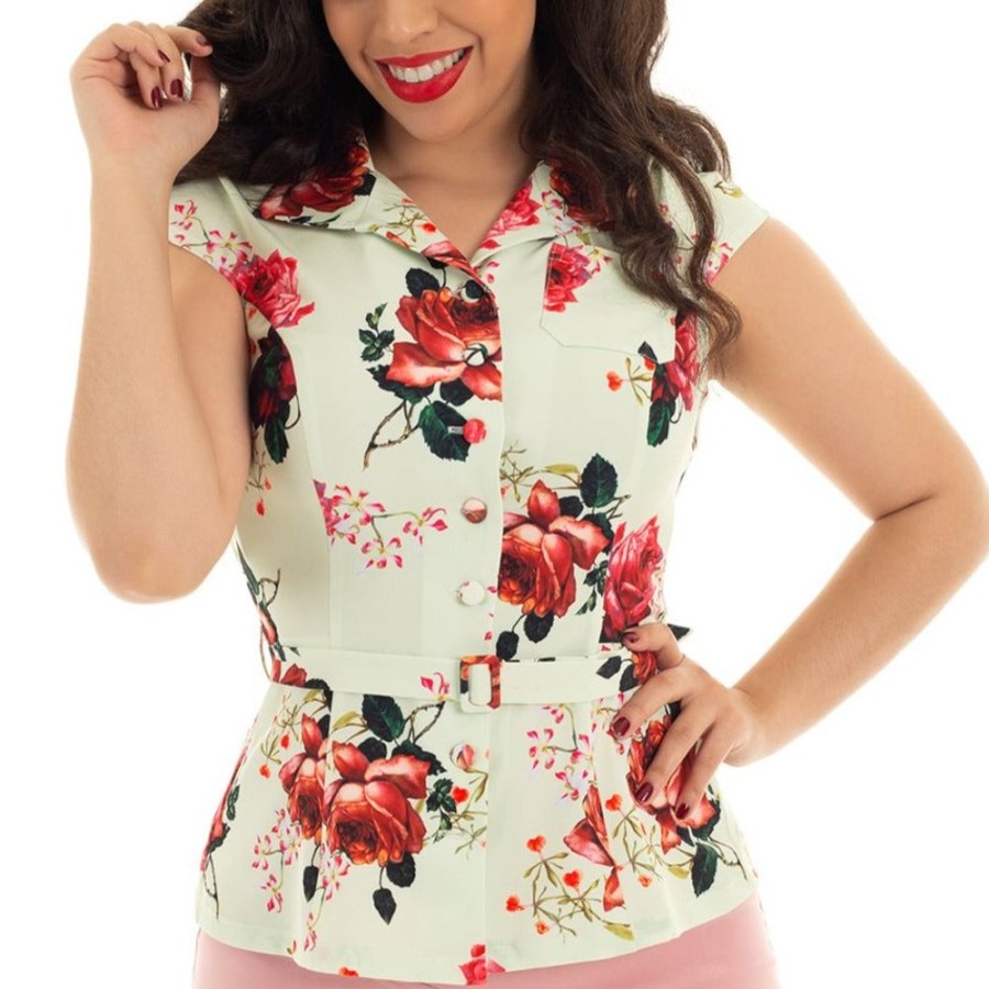 Pretty Kitty Fashion Off White Red Rose Floral Vintage Blouse | Tops