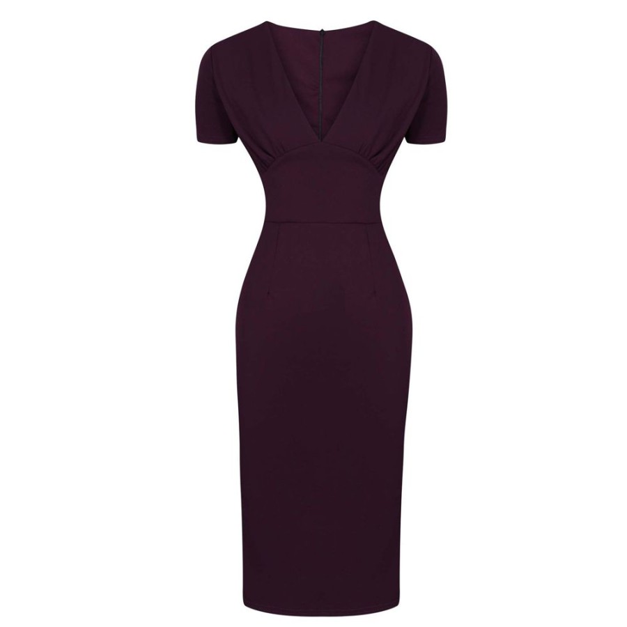 Pretty Kitty Fashion Aubergine Short Sleeve Deep V Neck Bodycon Midi Dress | Party Dresses