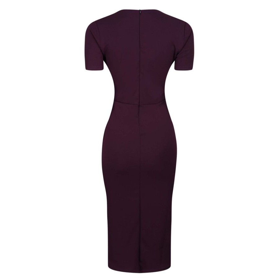 Pretty Kitty Fashion Aubergine Short Sleeve Deep V Neck Bodycon Midi Dress | Party Dresses