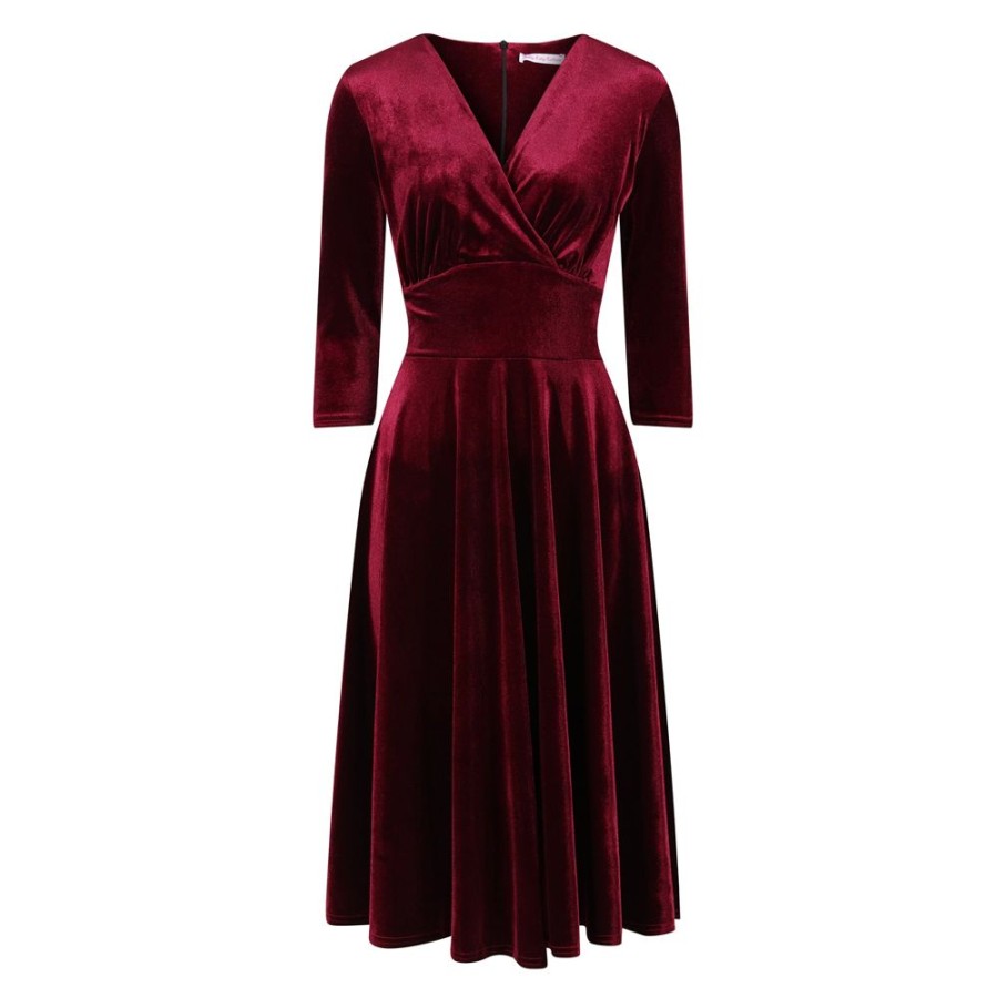 Pretty Kitty Fashion Claret Red Velour Deep V Wrapover 3/4 Sleeve Swing Dress | 50S Swing Dresses