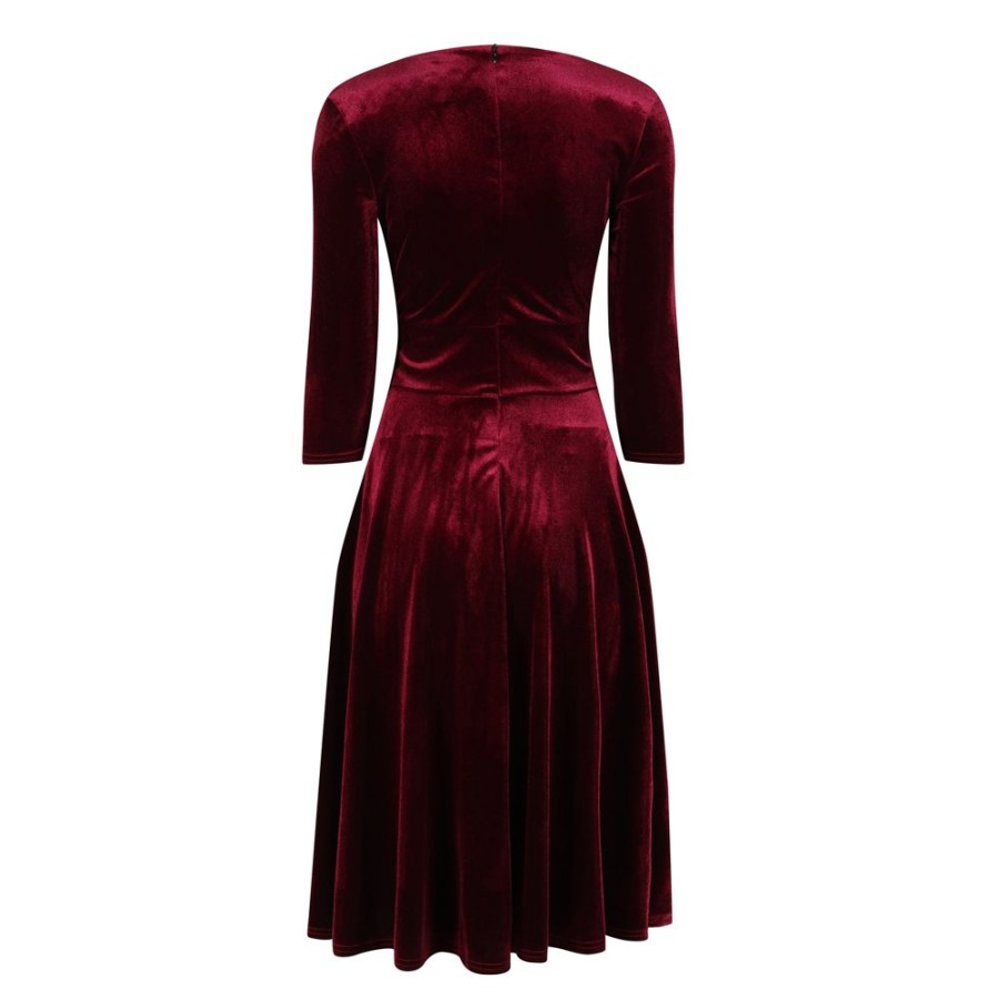 Pretty Kitty Fashion Claret Red Velour Deep V Wrapover 3/4 Sleeve Swing Dress | 50S Swing Dresses