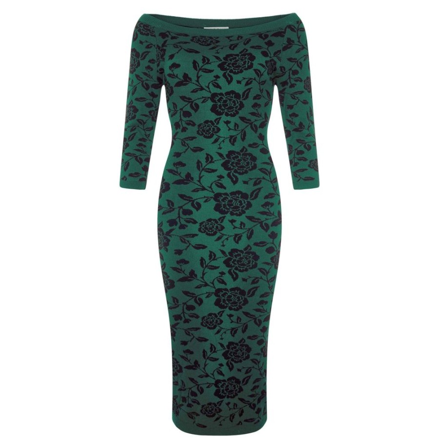 Pretty Kitty Fashion Collectif 3/4 Sleeve Brocade Knitted Pencil Wiggle Dress | Wiggle Dresses