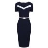 Pretty Kitty Fashion Navy Cream Short Sleeve Belted Nautical Pencil Dress | Pencil Dresses