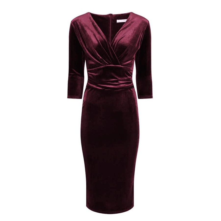 Pretty Kitty Fashion Claret Red Velour Deep V 3/4 Sleeve Bodycon Ruched Waist Wiggle Dress | Party Dresses