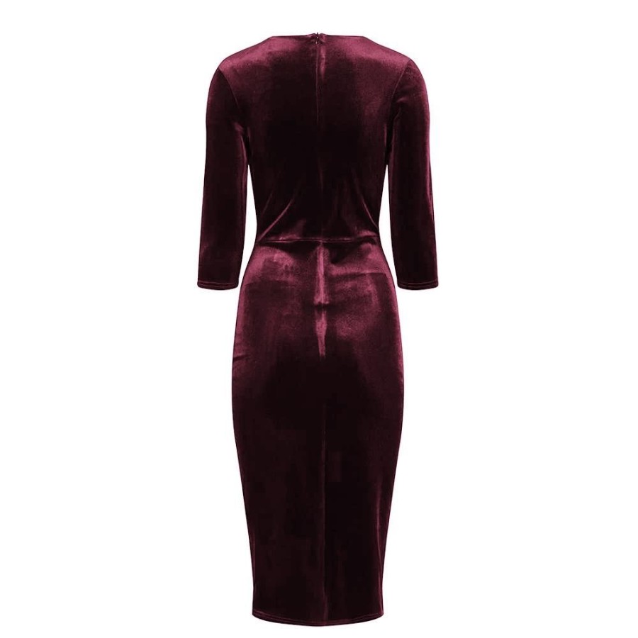 Pretty Kitty Fashion Claret Red Velour Deep V 3/4 Sleeve Bodycon Ruched Waist Wiggle Dress | Party Dresses