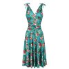 Pretty Kitty Fashion Teal Floral Print Grecian V Neck 50S Swing Dress | Rockabilly Dresses