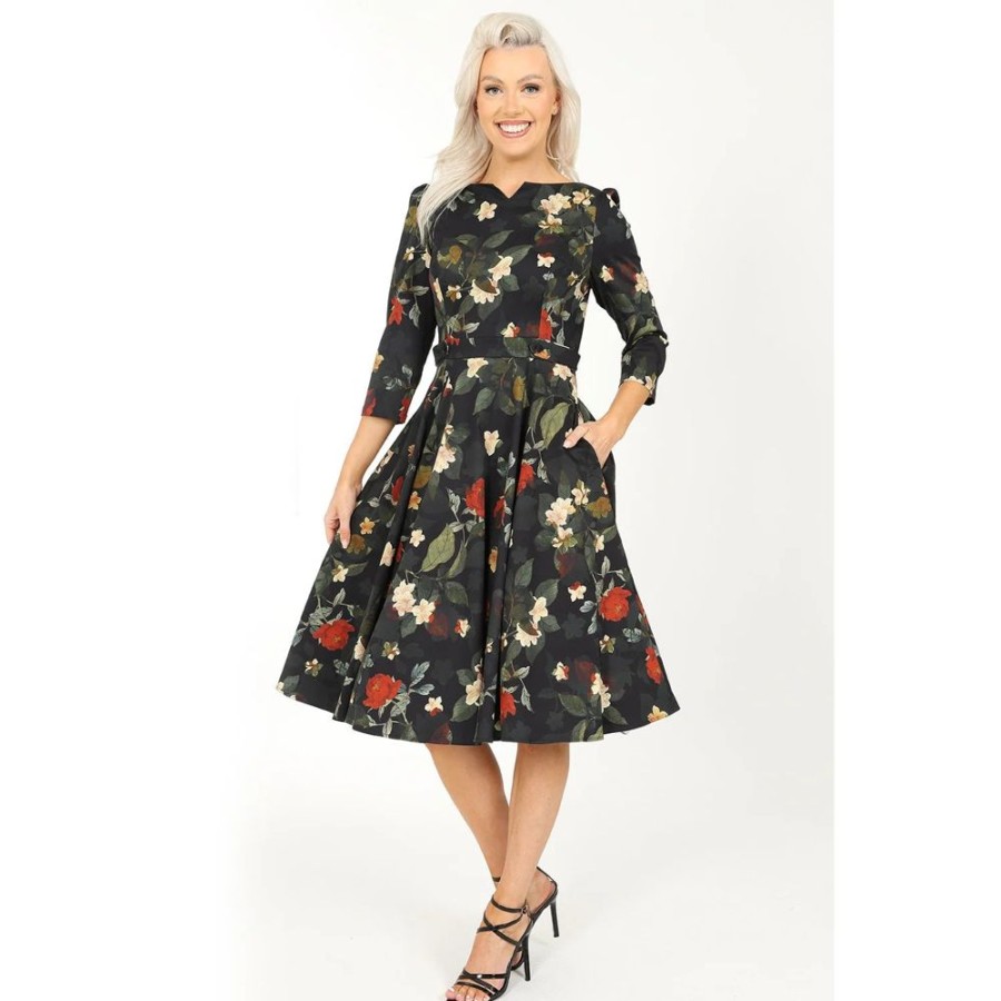 Hearts and Roses Winter Floral Print 3/4 Sleeve Belted 50S Swing Dress With Pockets | Floral Dresses