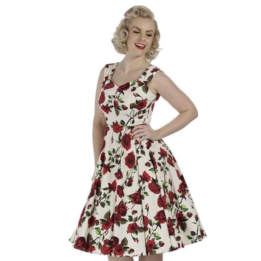 Pretty Kitty Fashion Ivory White And Red Rose Vintage Rockabilly Swing Dress | Rockabilly Dresses