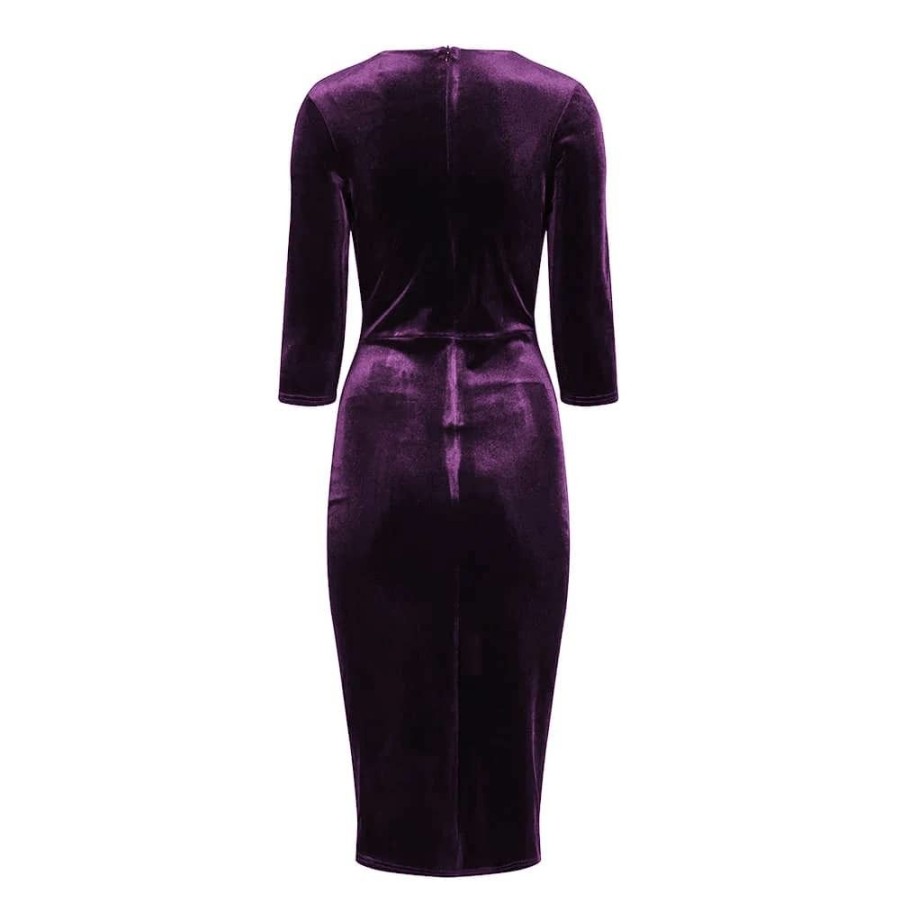 Pretty Kitty Fashion Velour Deep V 3/4 Sleeve Bodycon Ruched Waist Wiggle Dress | Party Dresses