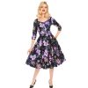 Pretty Kitty Fashion Purple Floral Print 3/4 Sleeve 50S Swing Tea Dress | Tea Dresses