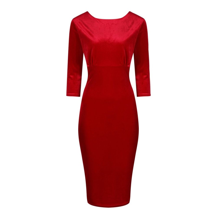 Pretty Kitty Fashion Velour Boatneck 3/4 Sleeve Bodycon Gathe Waist Wiggle Dress | Party Dresses