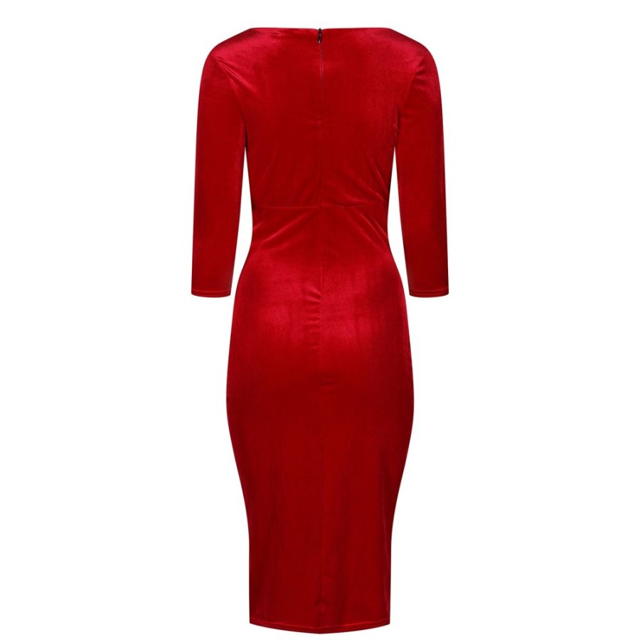 Pretty Kitty Fashion Velour Boatneck 3/4 Sleeve Bodycon Gathe Waist Wiggle Dress | Party Dresses