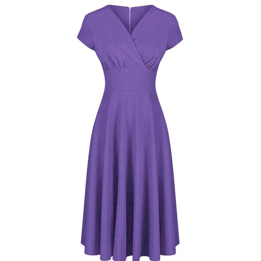 Pretty Kitty Fashion Purple A Line Crossover Bust Capped Sleeve Tea Swing Dress | 50S Swing Dresses