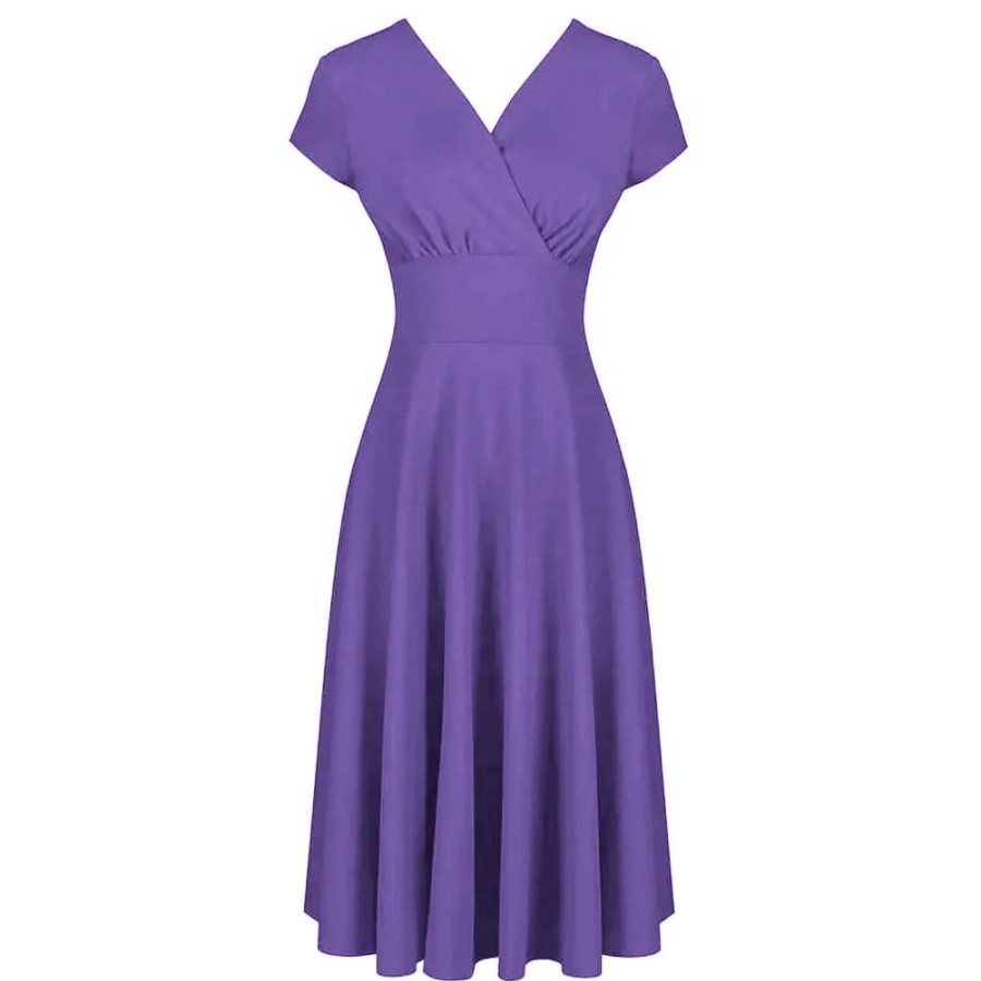 Pretty Kitty Fashion Purple A Line Crossover Bust Capped Sleeve Tea Swing Dress | 50S Swing Dresses