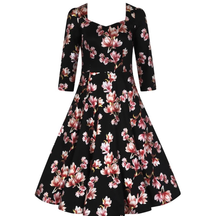 Pretty Kitty Fashion Gold Floral Print 3/4 Sleeve Sweetheart Neck 50S Swing Dress | Rockabilly Dresses