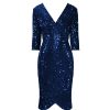 Pretty Kitty Fashion Navy 3/4 Sleeve V Neck Velour Sequin Pencil Wiggle Party Dress | Pencil Dresses